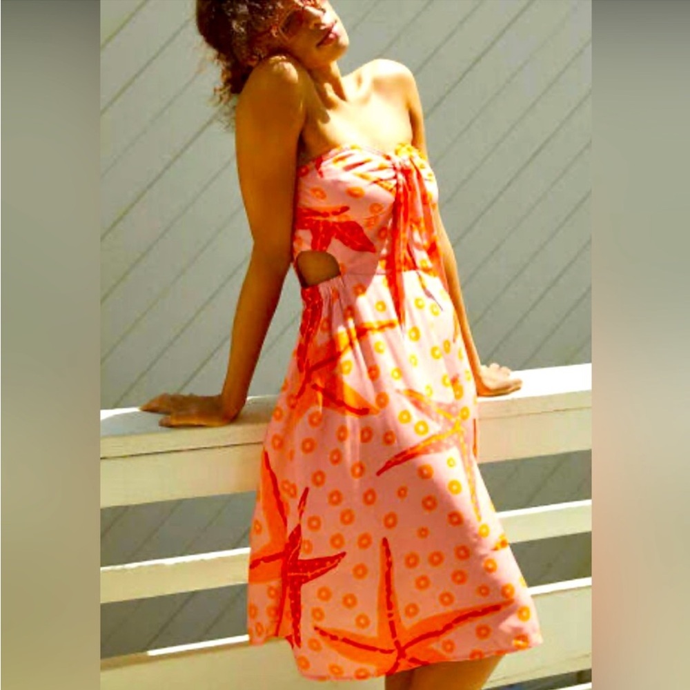Farm Rio strapless pink and orange starfish dress